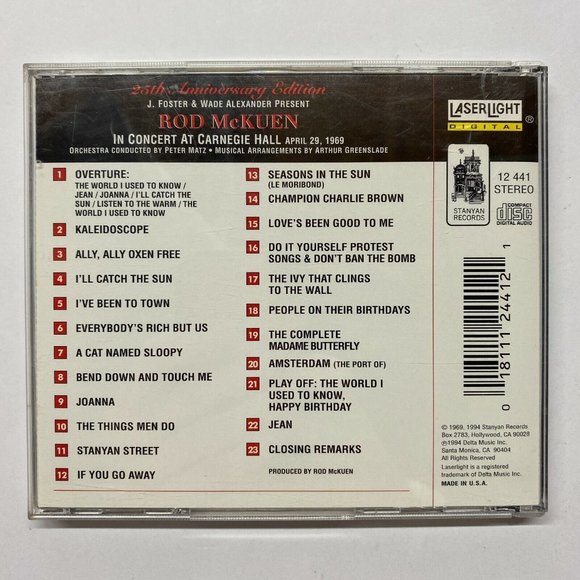 Rod McKuen In Concert At Carnegie Hall [25th Anniversary Edition] (CD, 1994) - Picture 3 of 3